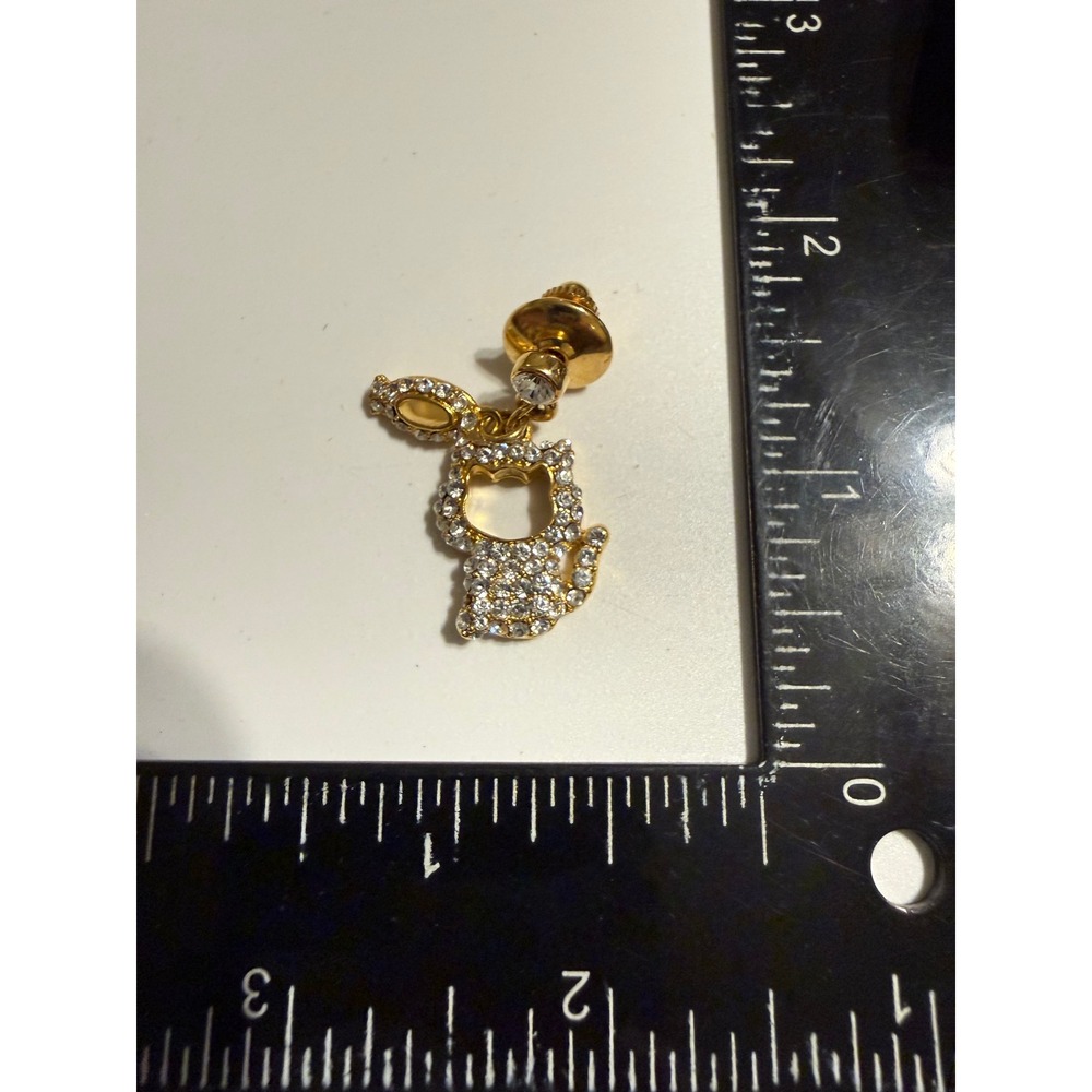 Gold Tone Rhinestone Dangling Kitty Cat Pin‎ Brooch Whimsical Animal Jewelry
